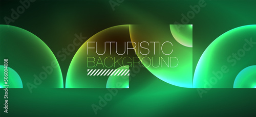 Shiny neon geometric abstract background. Glowing lights on round shapes, triangles and circles. Wallpaper for concept of AI technology, blockchain, communication, 5G, science, business