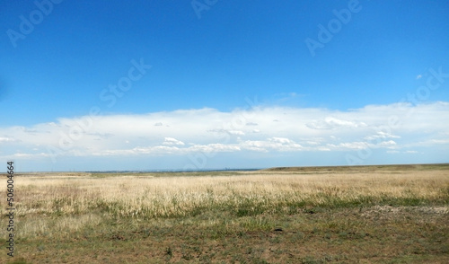 Colorado dry spring landscape with dry grasses and Denver in the far background