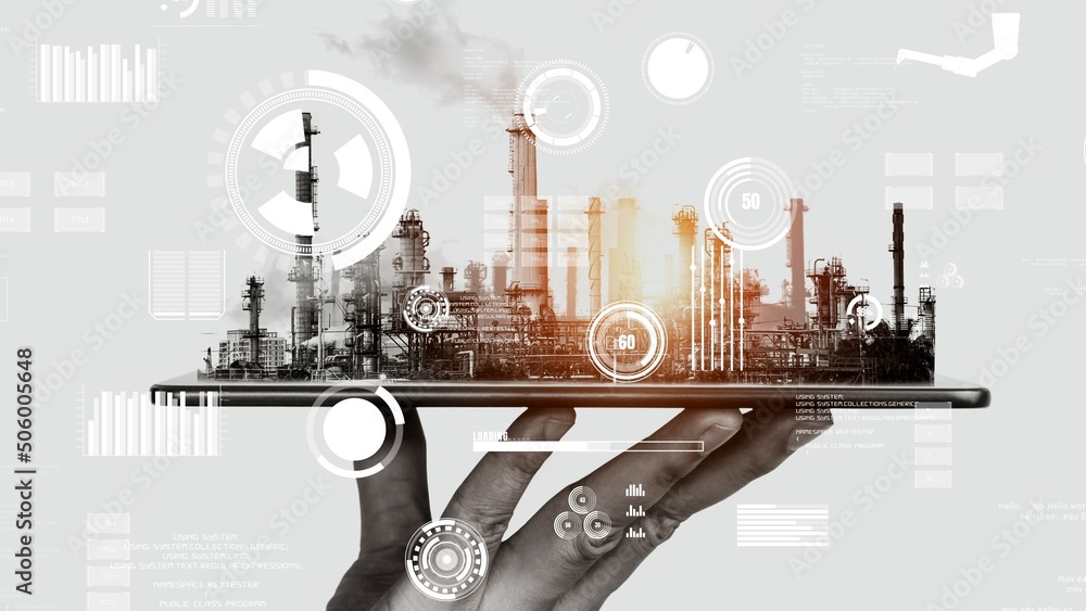 Future factory plant and inventive energy industry concept in creative graphic design. Oil, gas and petrochemical refinery factory with hologram showing next generation of power and energy business. - obrazy, fototapety, plakaty 