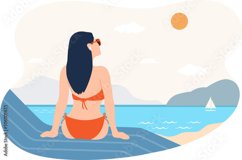 young woman wearing red swimming suit is sunbathing at the beach illustration