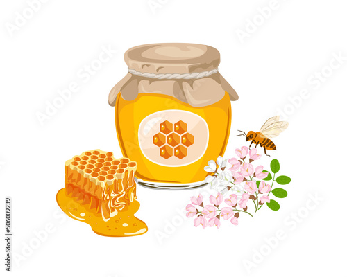 Fresh honey in glass jar, honeycombs, acacia flowers and a bee. Vector illustration of healthy sweetness in cartoon flat style.