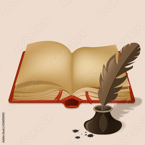 An open book, an inkwell with a pen