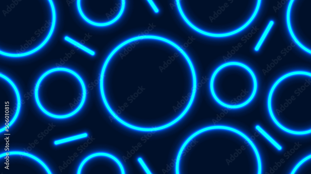 Abstract blue glowing neon lighting effect circles geometric seamless pattern on dark background