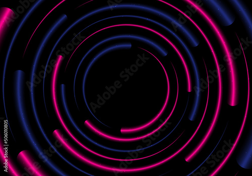 Abstract blue and pink glowing neon lighting effect circles radius pattern on black background photo