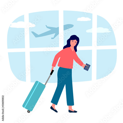 Woman traveler with luggage at the airport in flat design.