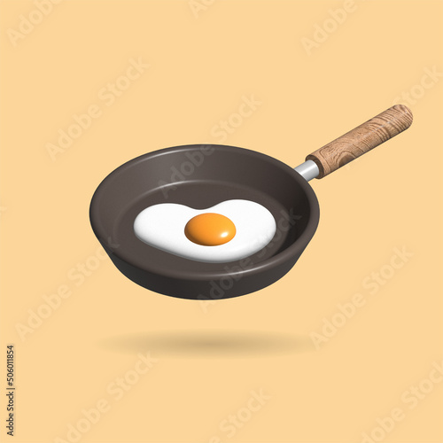 Heart-shaped fried egg in a frying pan, 3d rendering
