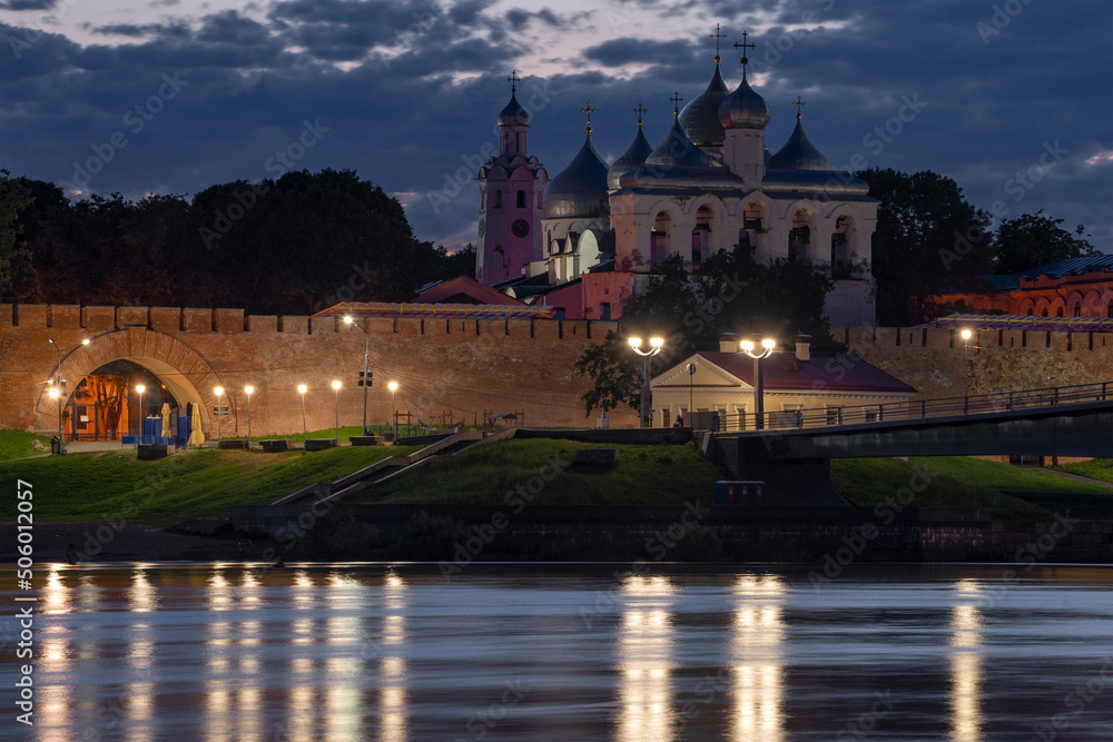 View of the Kremlin of Veliky Novgorod on a June night. Russia