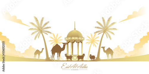 Eid Al Adha Celebration of Muslim holiday the sacrifice a camel, sheep and goat, can use for, landing page, template, ui, web, mobile app, poster, banner, flyer, background