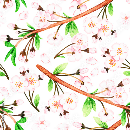 Seamless sakura pattern. Watercolor illustration. Isolated on a white background. For design. © Ekaterina