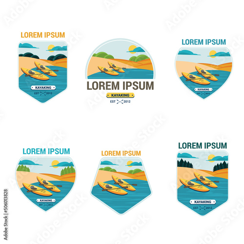 Set of six labels for canoes and kayaks. vector illustration.
