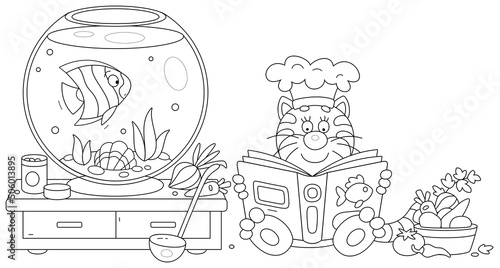 Funny plump cat with a cook hat reading a cookbook and going to prepare a tasty soup with vegetables and a tropical fish swimming in a round home aquarium, vector cartoon illustration