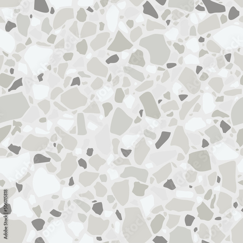 Terrazzo seamless pattern. Marble flooring in pastel colors. Polished rock surface. Light beige background with colored stones. Vector texture
