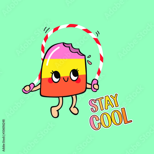Cute Vector illustration, bright flat ice cream with a ribbon. Stay cool this summer text.