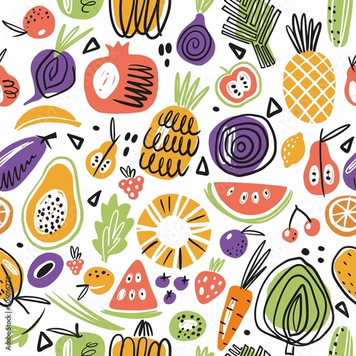 Vector pattern of vegetables and fruits in Scandinavian style