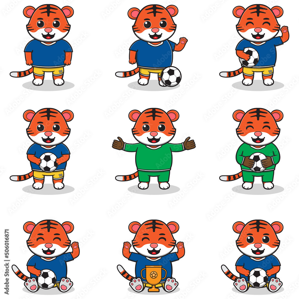 Vector illustration of Tiger characters playing soccer. Cute Tiger mascot playing football. Vector illustration bundle. Vector illustration of Tiger characters playing soccer. Cute Tiger mascot playing football. Vector illustration bundle.