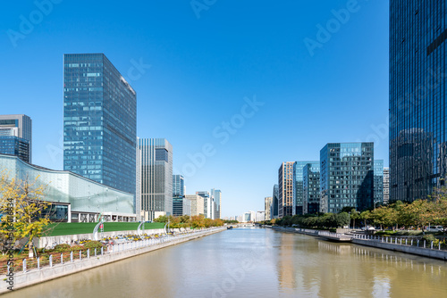 Street view of modern buildings in Ningbo, China