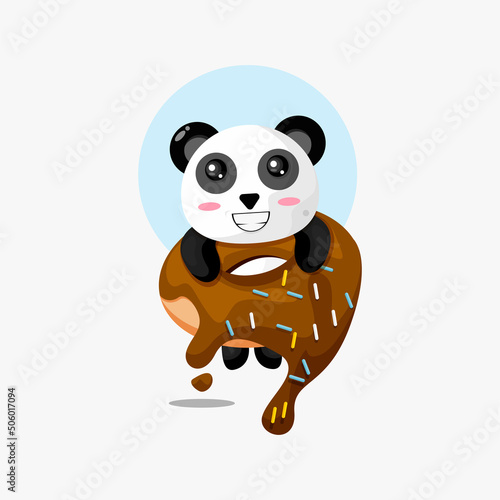 Illustration of cute panda hanging on donut