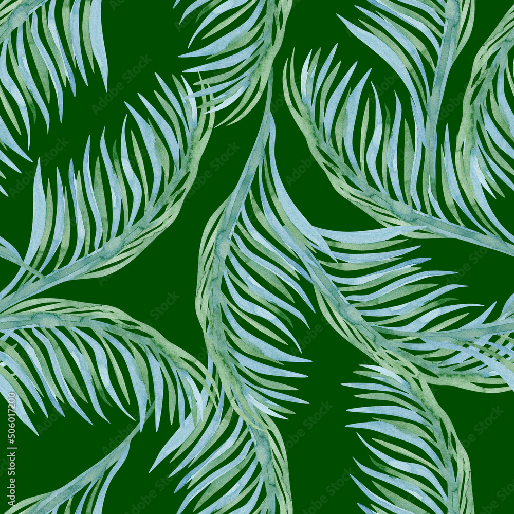 Palm branches seamless pattern on green background, watercolor foliage print
