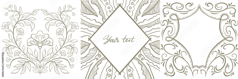 Set of openwork frames for a wedding monogram. Freehand drawing. Frame for wedding invitation, holiday card, and other decor. Set of openwork frames for a wedding monogram. Freehand drawing. Frame for wedding invitation, holiday card, and other decor.