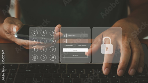 cyber security in two-step verification, multi-factor authentication, information security and encryption, secure access to user's personal information, secure Internet access, and cybersecurity. photo
