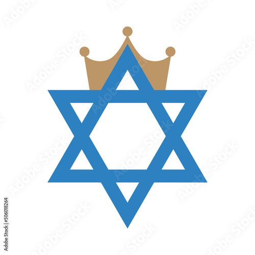 King David Logo a Crown and Jews Star Symbol. Blue, golden, simple, flat, vector icon isolated on white background.