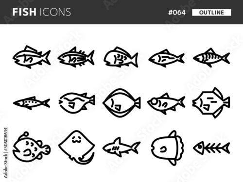 魚に関連するラインスタイルのアイコンセット_064