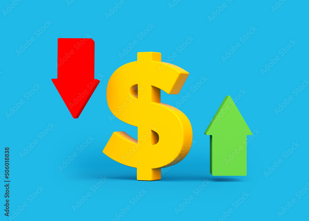 Yellow color dollar symbol, red and green arrows. On light blue color background. Horizontal composition. Isolated with clipping path. Yellow color dollar symbol, red and green arrows. On light blue color background. Horizontal composition. Isolated with clipping path.