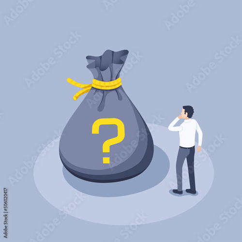isometric vector illustration on a gray background, a man looks thoughtfully at a black pouch with a question mark, unknown or mysterious contents
