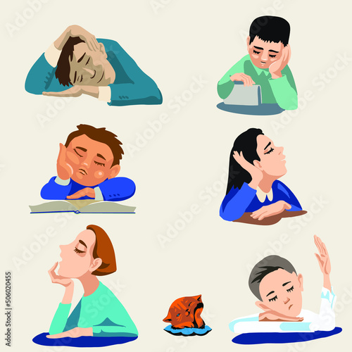 Cartoon pupils sleeping at a desk in a boring lesson Picture in the style of flat.