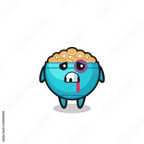 injured cereal bowl character with a bruised face