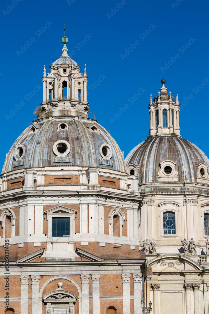 Domes of the churches Santa Maria di Loreto and Church of the Most Holy Name of Mary at the Trajan Forum, Rome, Italy