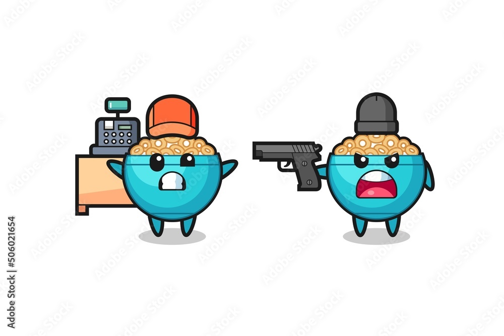 Fototapeta premium illustration of the cute cereal bowl as a cashier is pointed a gun by a robber
