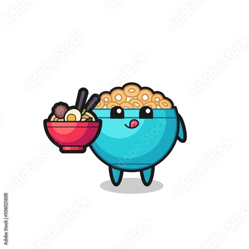 cute cereal bowl character eating noodles