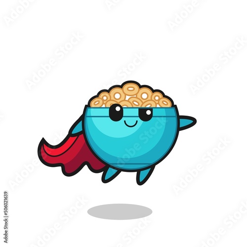 cute cereal bowl superhero character is flying