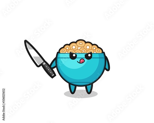 cute cereal bowl mascot as a psychopath holding a knife