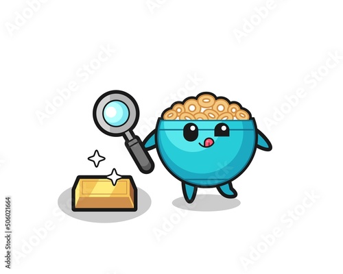 cereal bowl character is checking the authenticity of the gold bullion