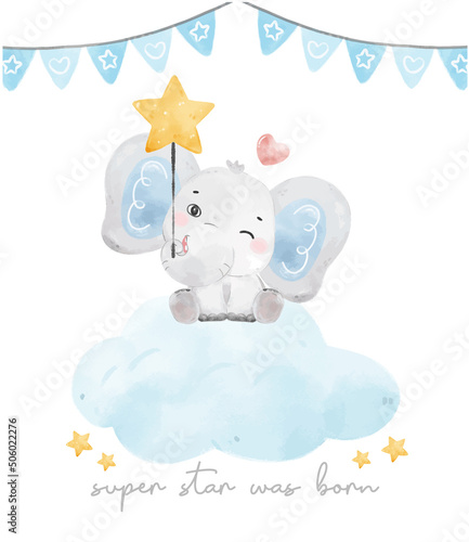 cute baby blue elephant sitting on soft cloud, baby shower birthday watercolour hand drawn  cartoon animal vector