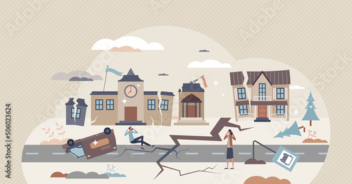 Earthquake destruction and city after nature disaster tiny person concept. Damaged houses, ruined street and cracked road vector illustration. Survival victims after emergency accident or cataclysm.