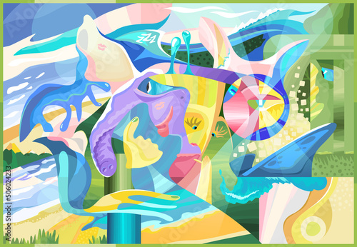 Abstract painting cubism style. Graphic design poster with abstract form elephant, persons and eye. Modern art. Vector graffiti print