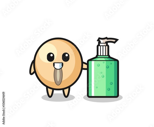 cute soy bean cartoon with hand sanitizer