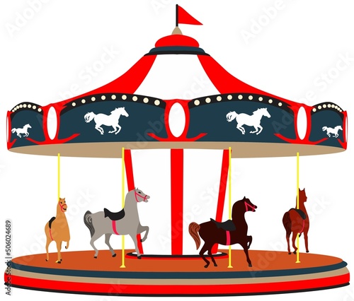 Merry go round game on isolated background object amusement ride rotating circular platform horse seats riders cartoon vector drawing illustration park concept icon symbol sign template