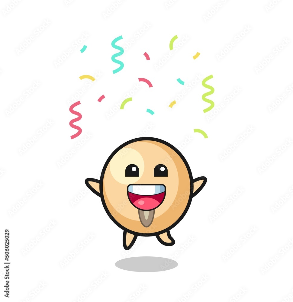 happy soy bean mascot jumping for congratulation with colour confetti happy soy bean mascot jumping for congratulation with colour confetti