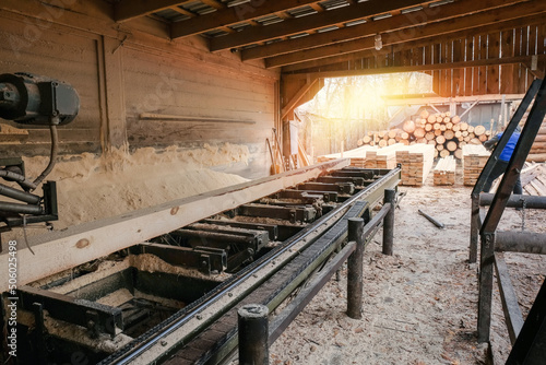 The process of processing wood at the sawmill. Timber industry