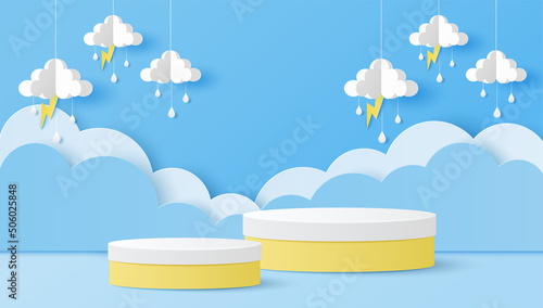 Paper cut of white and yellow color cylinder podium for products display presentation with clouds, raindrops and lightning. Vector illustration