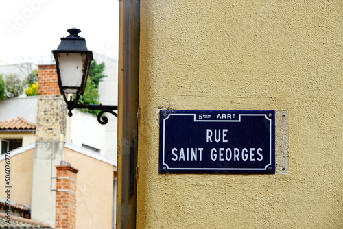 Street sign of Rue Saint Georges, one of the main streets of Vieux Lyon district in Lyon, France