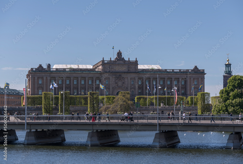 Flag day for NATO meeting day between Sweden and Finland at the parliament house a sunny day in Stockholm