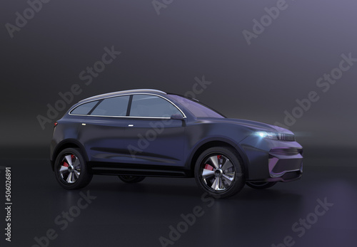 Stuido rendering of electric SUV on black background. 3D rendering image. © chesky