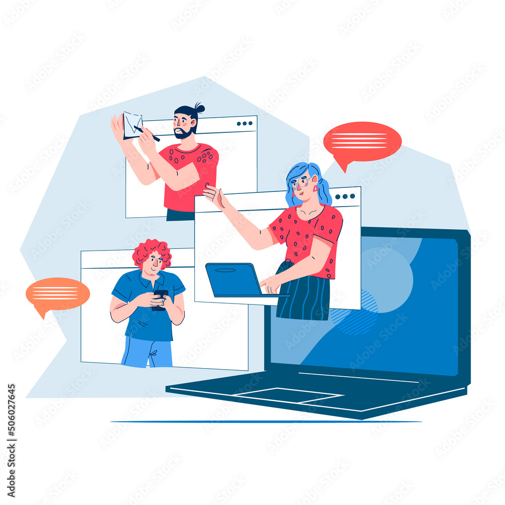 Video chat or virtual conference room with people on laptop computer screen communicating with colleagues. Video chat and online meeting banner, flat cartoon vector illustration isolated on white.