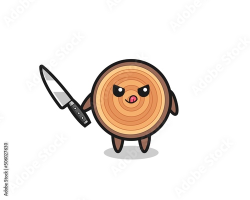 cute wood grain mascot as a psychopath holding a knife