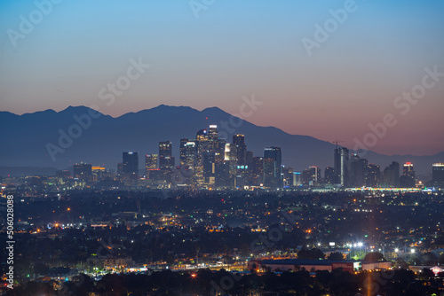 The Skyline of Los Angeles USA before the sunrise. Close-up picture taken in the early morning